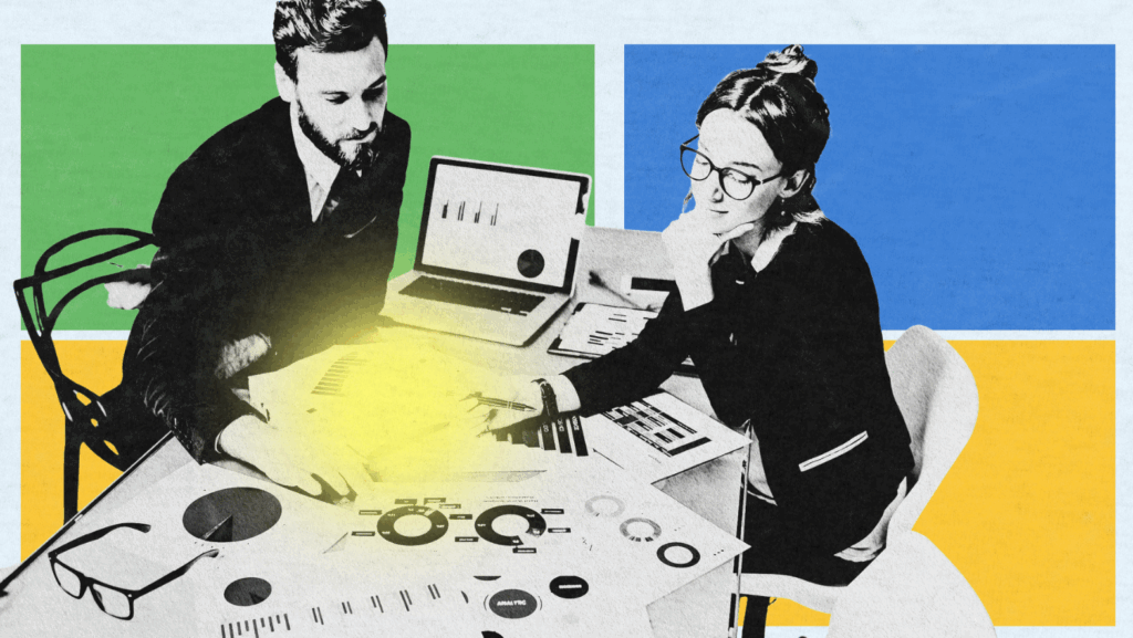 Stylized, retro-themed image of two professionals analyzing data charts and laptop dashboards during a business meeting. The scene is set against colorful geometric backdrops with visual emphasis on collaborative strategy and analytics review.