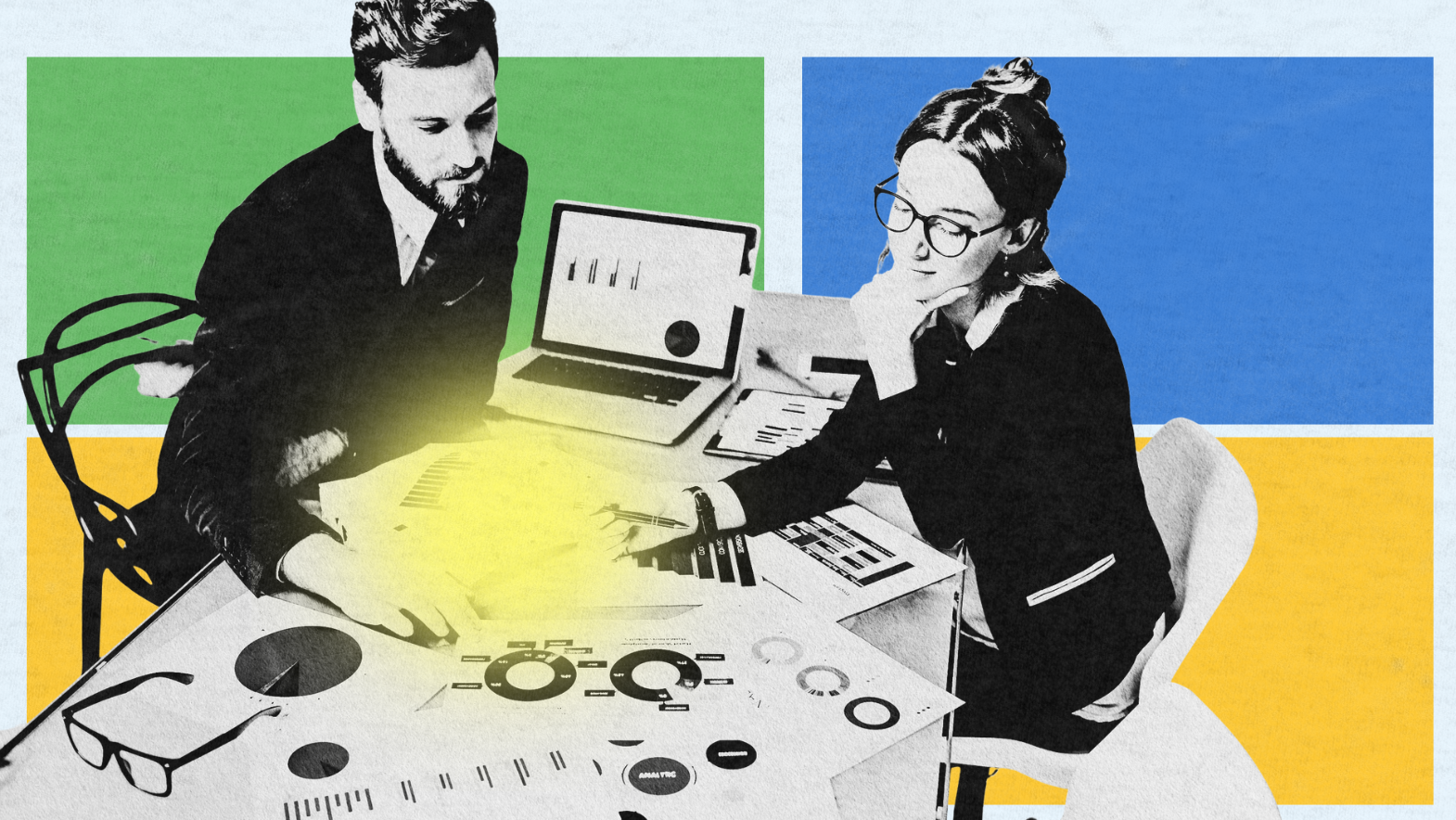 Stylized, retro-themed image of two professionals analyzing data charts and laptop dashboards during a business meeting. The scene is set against colorful geometric backdrops with visual emphasis on collaborative strategy and analytics review.