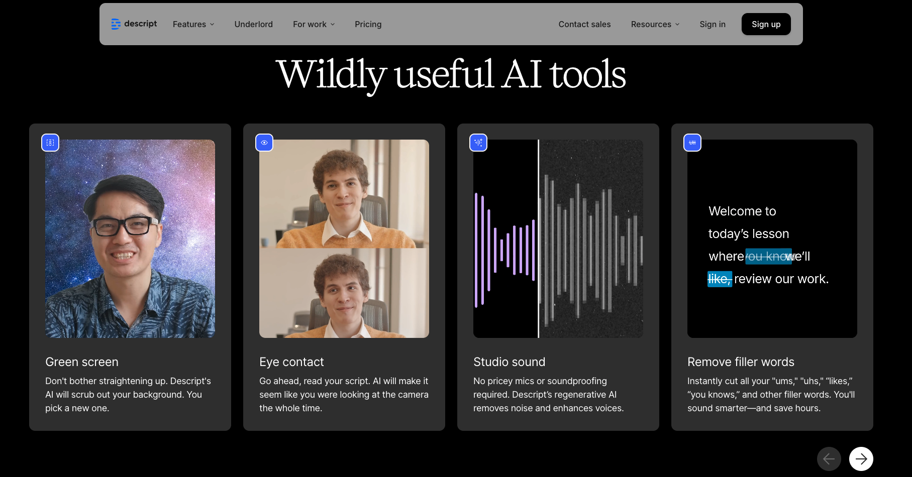 Descript AI tools including green screen, studio sound, and filler word removal