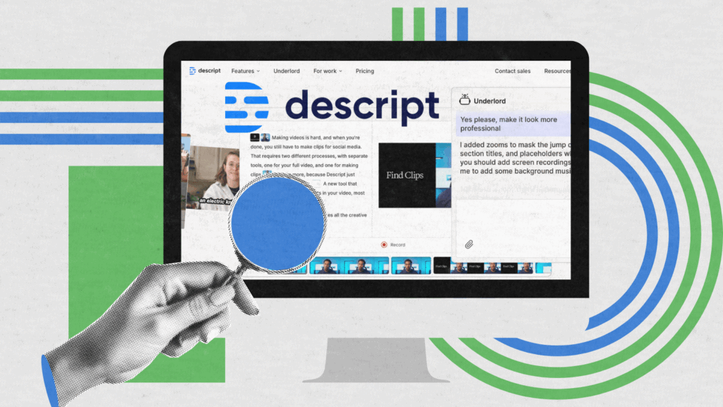 Descript AI video editing interface on desktop with colorful visual elements