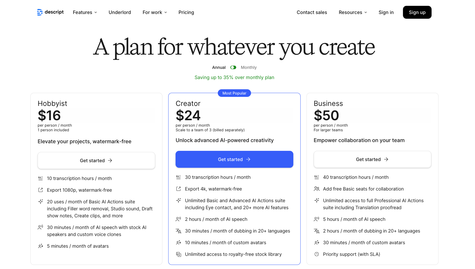 Descript pricing plans for 2025 with Hobbyist, Creator, and Business tiers