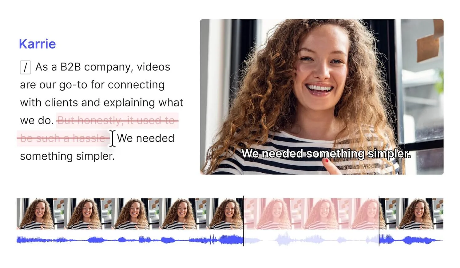 Example of text-based editing in Descript with a speaker transcript and video preview