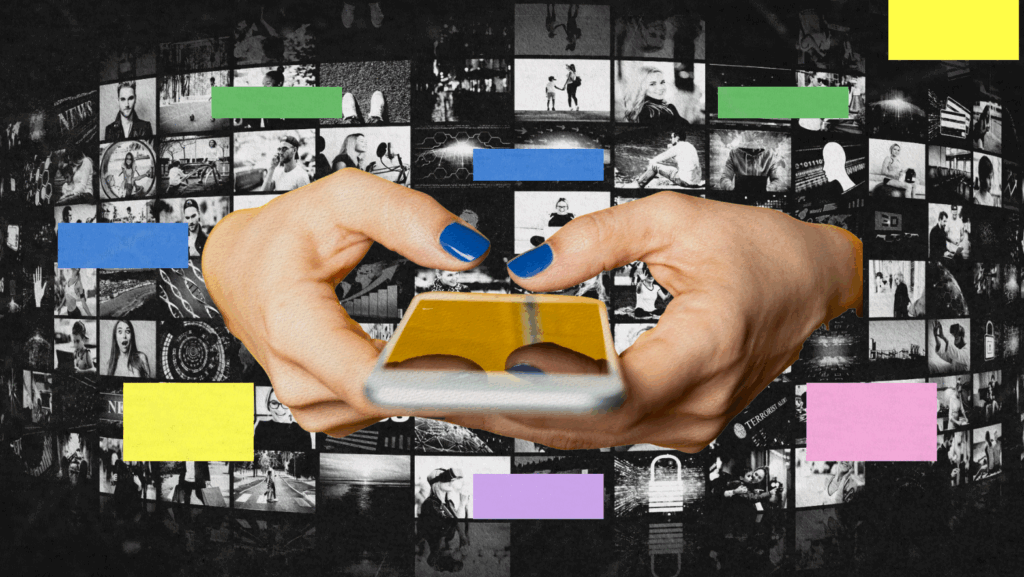 A collage-style illustration showing hands scrolling on a smartphone in front of a curved digital wall filled with grayscale images and colorful content blocks. The visual metaphor represents the overwhelming volume of media consumed through mobile devices.