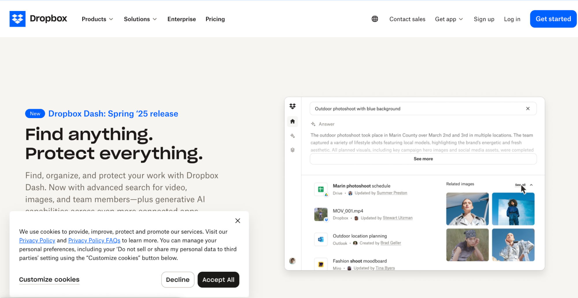 Dropbox Dash Spring ’25 homepage promoting advanced AI search features for files, videos, and team content. The interface shows a sample search query with results including documents, media files, and related images, alongside options to accept or customize cookies.