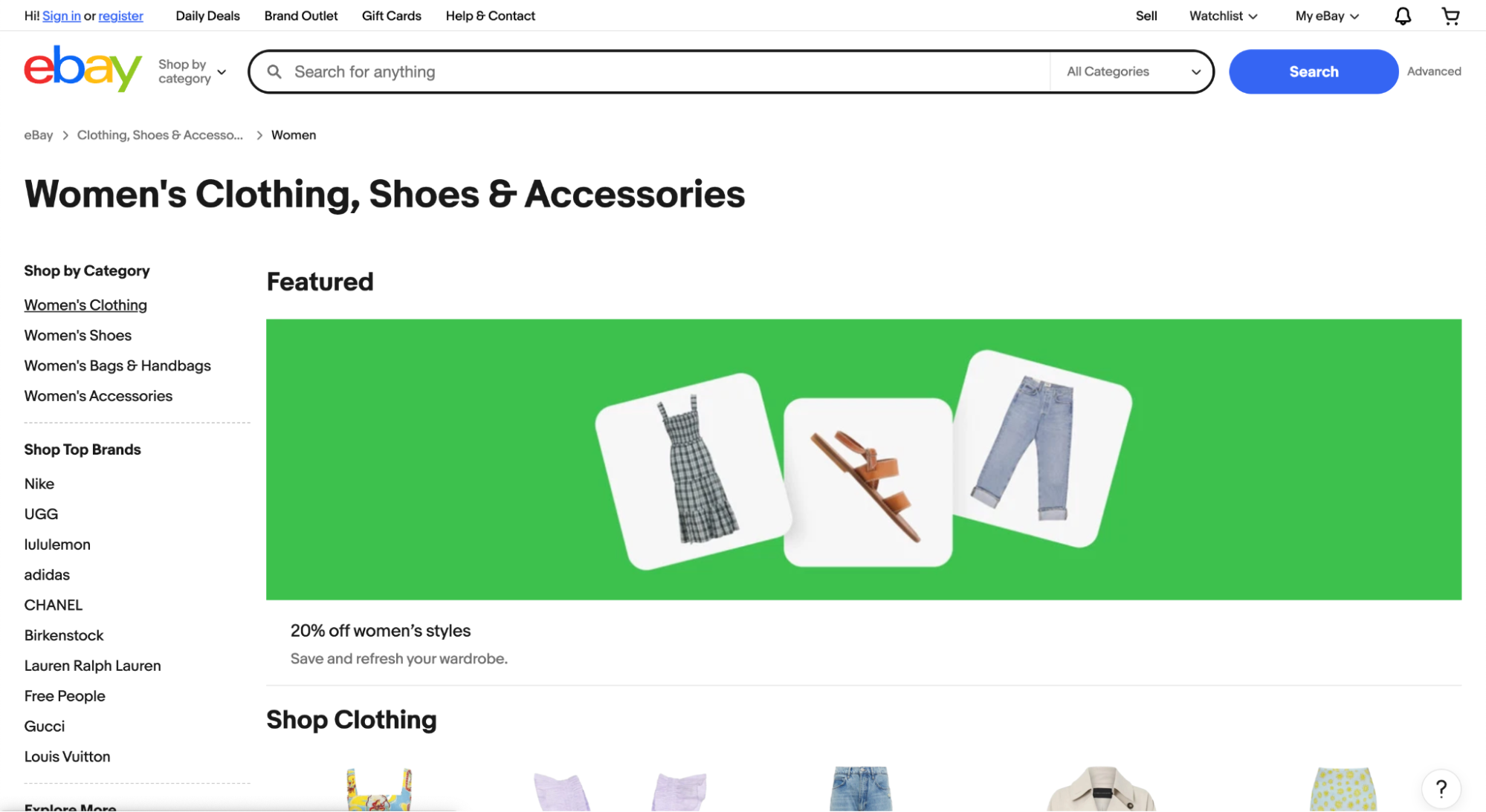 eBay’s Women’s Clothing, Shoes & Accessories page featuring a “20% off women’s styles” promotion. The layout highlights a plaid dress, brown sandals, and rolled denim jeans over a bright green background with navigation links to top brands and clothing subcategories.
