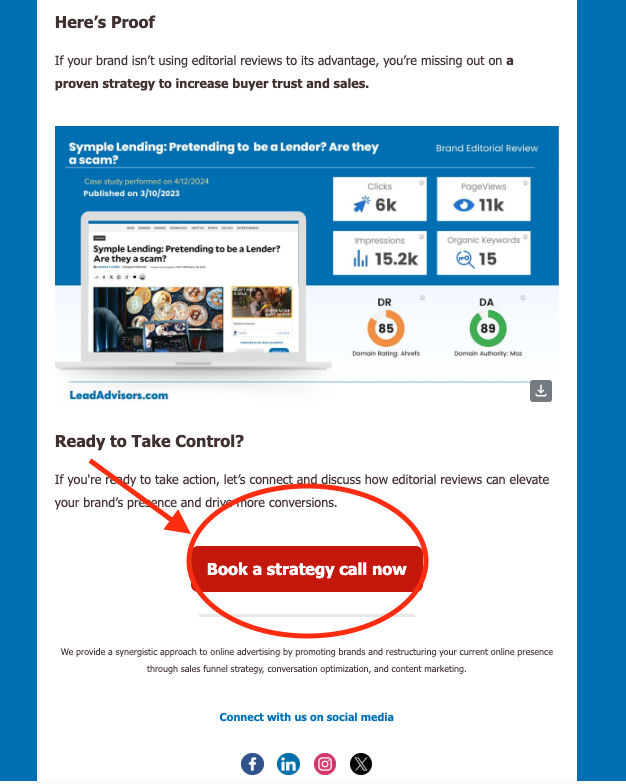 A digital case study from LeadAdvisors showcases editorial review results for Symple Lending, highlighting clicks, page views, and domain authority. Below the data, a bold red call-to-action button urges viewers to “Book a strategy call now.”