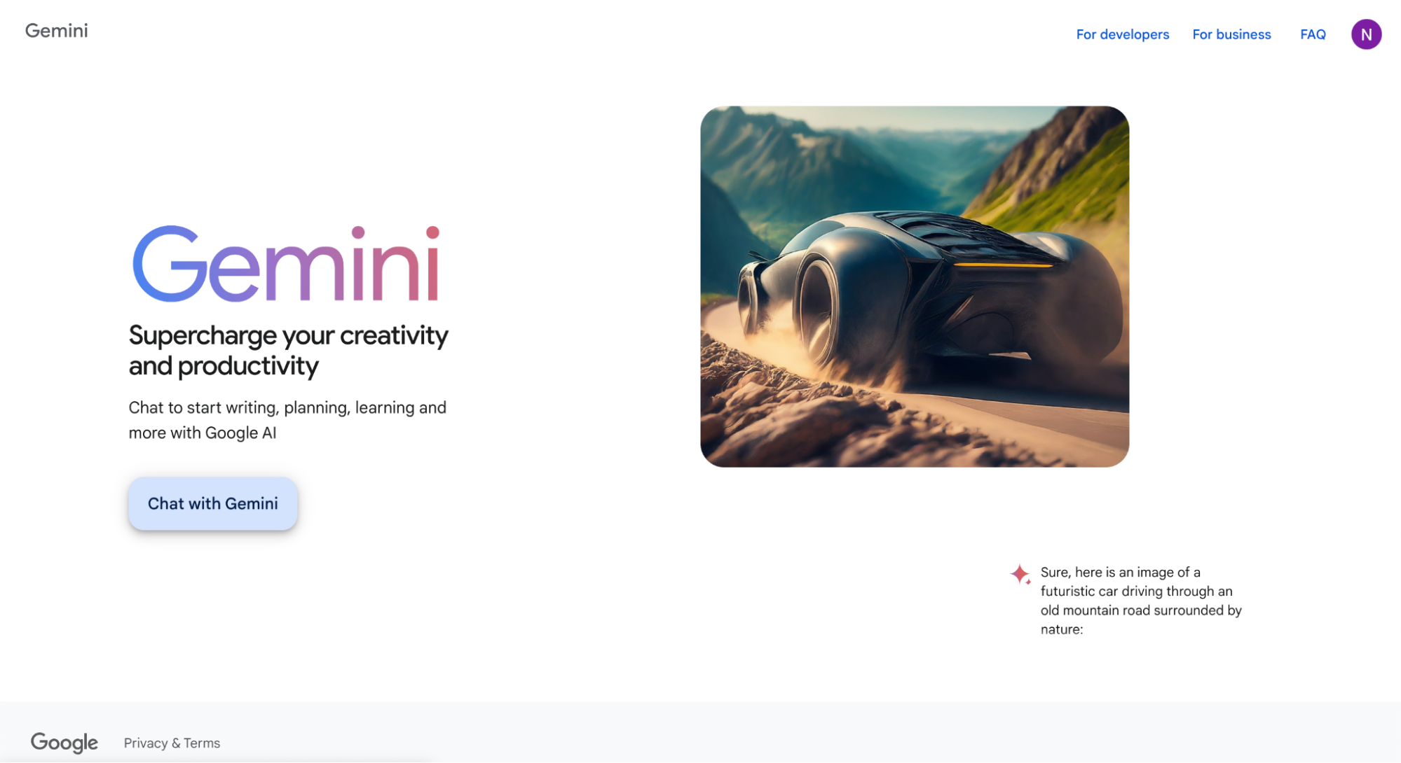 Screenshot of Google's Gemini AI homepage showcasing a sleek UI with a “Chat with Gemini” button, tagline “Supercharge your creativity and productivity,” and a futuristic AI-generated image of a car driving on a rugged mountain road. Navigation options for developers, businesses, and FAQs appear at the top.