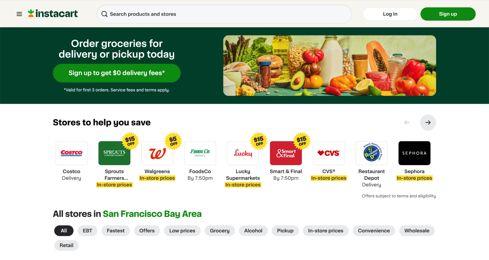 Instacart homepage banner promoting $0 delivery fees for new users and showcasing store partnerships like Costco, Sprouts, Walgreens, and CVS. The layout highlights discounts, in-store pricing, and available delivery options for shoppers in the San Francisco Bay Area.