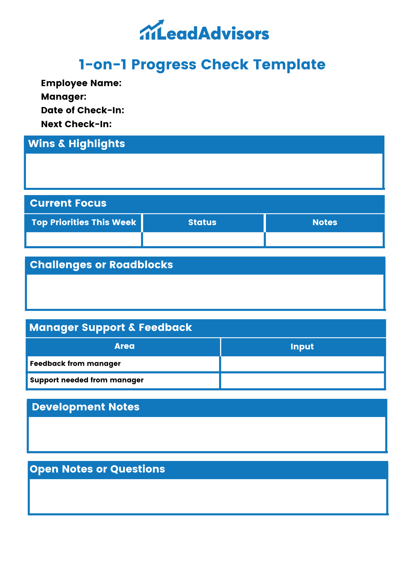 A 1-on-1 Progress Check Template from LeadAdvisors designed to guide employee-manager check-ins. The form includes sections for wins, weekly priorities, challenges, feedback, development notes, and open questions, supporting consistent performance tracking and communication.