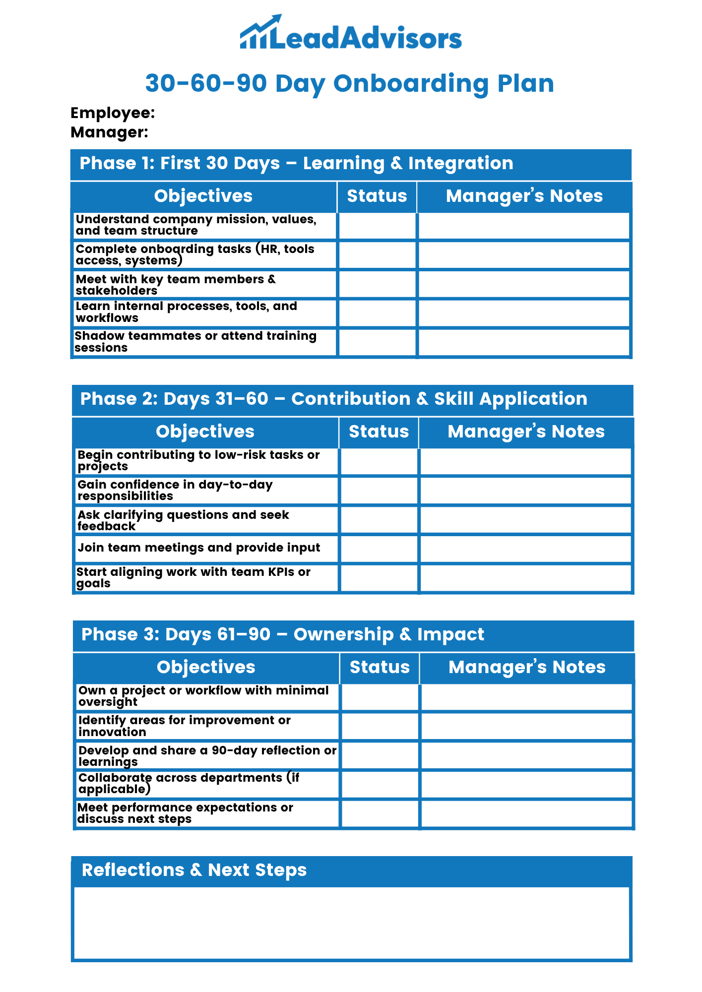A 30-60-90 Day Onboarding Plan template from LeadAdvisors designed to guide new employees through learning, contribution, and ownership stages. The form is divided into three phases, each with objectives, status updates, and manager notes, ending with a reflections and next steps section.