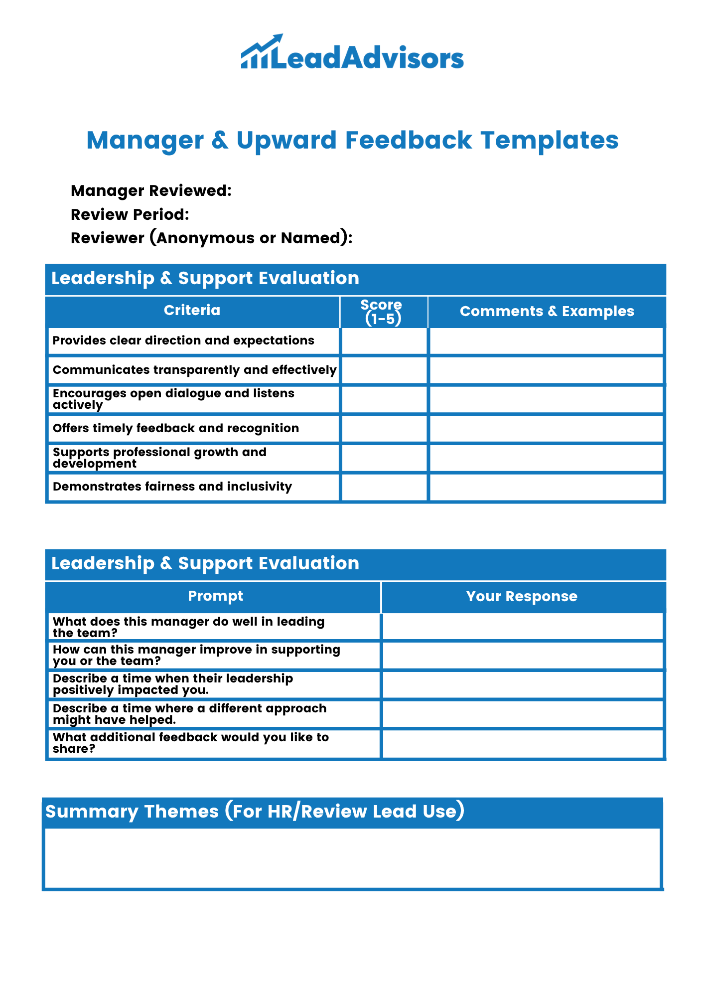 A Manager & Upward Feedback Template from LeadAdvisors that enables employees to evaluate leadership effectiveness and support from their managers. The form includes rating criteria, qualitative feedback prompts, and a section for HR to summarize key feedback themes.