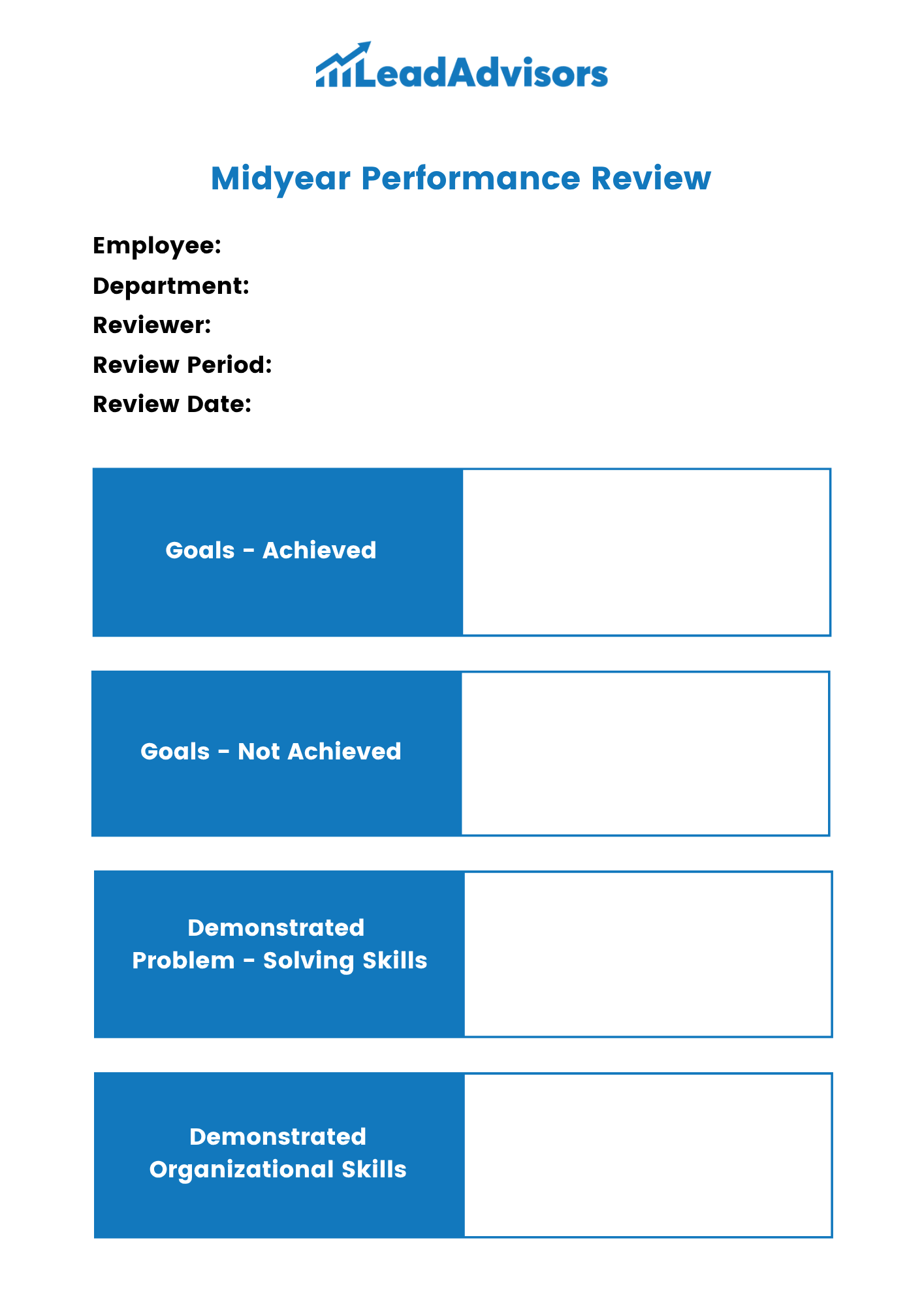 A Midyear Performance Review form by LeadAdvisors designed to evaluate employee progress midway through the year. The form includes sections for goals achieved, goals not achieved, and demonstrated problem-solving and organizational skills, along with fields for employee and reviewer details.