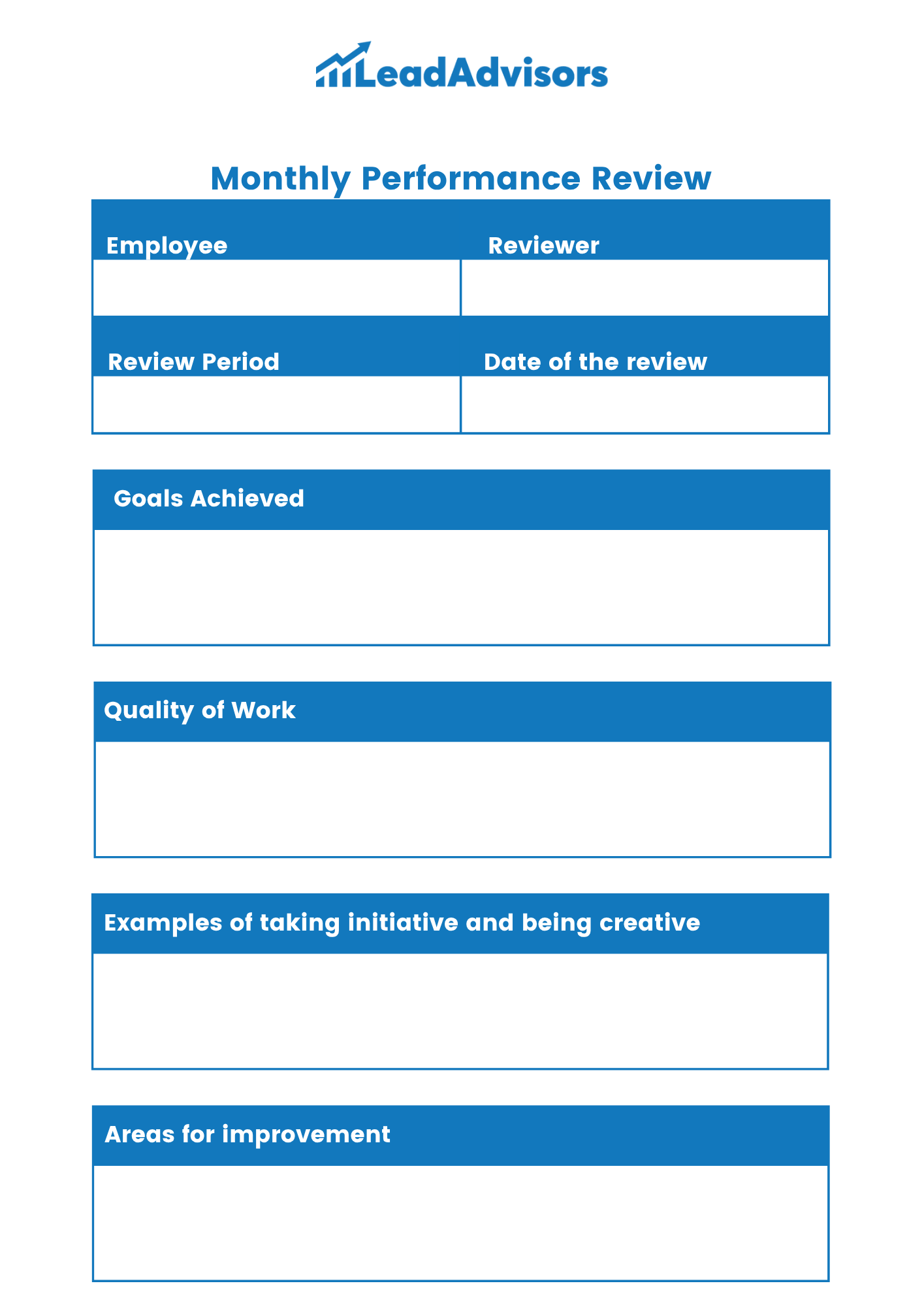 A Monthly Performance Review template from LeadAdvisors that captures employee progress through sections like goals achieved, quality of work, initiative, and areas for improvement. The form includes fields for employee and reviewer details as well as review dates.