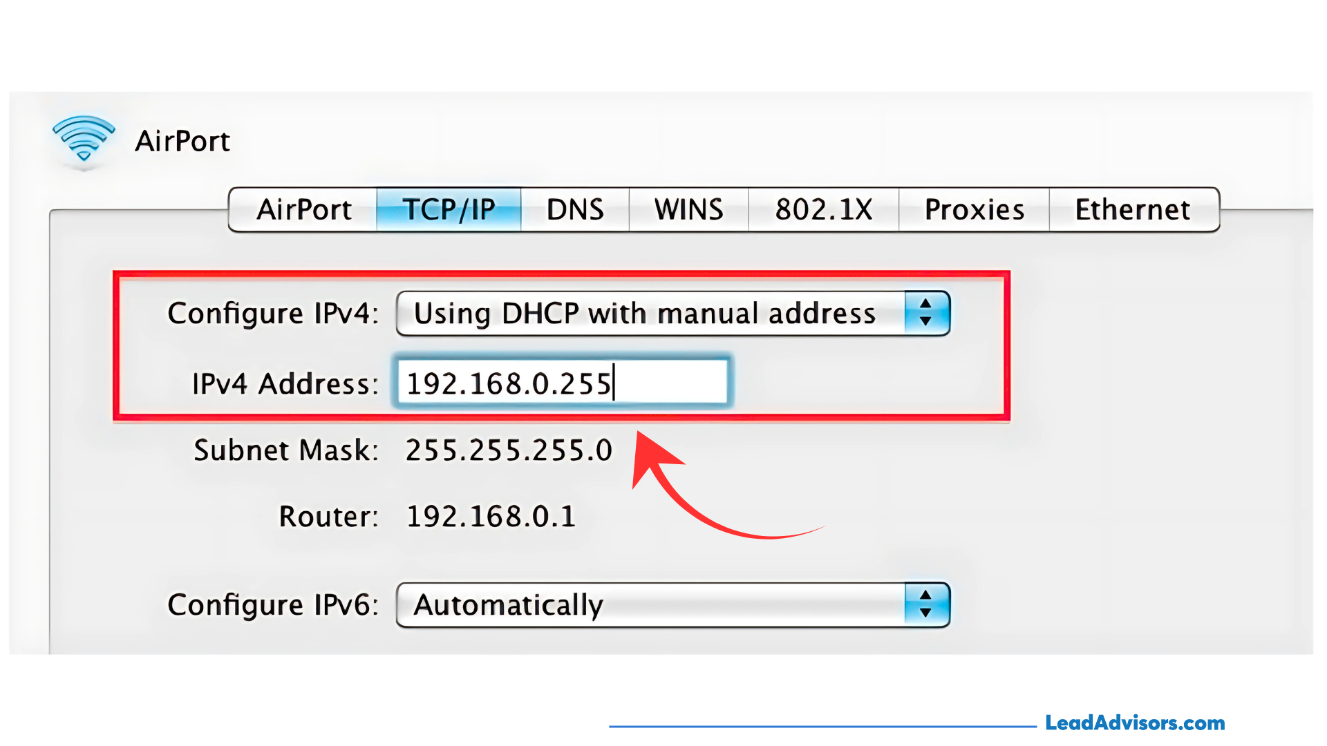Screenshot of a Mac network configuration window showing IPv4 set to "Using DHCP with manual address," with the IP address set to 192.168.0.255. A red box and arrow highlight the IP input field, indicating a static IP setup within a DHCP framework.