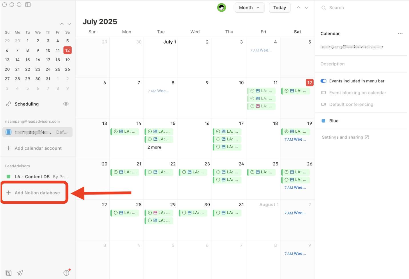 Screenshot of Notion Calendar's July 2025 monthly view highlighting the option to “Add Notion database” for syncing content entries.