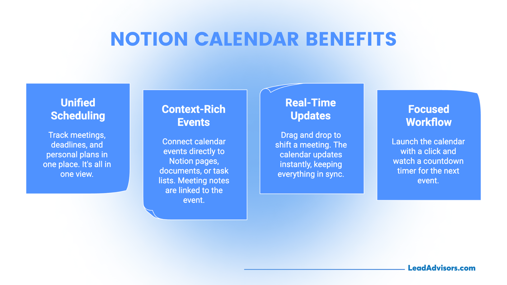 Visual summary of Notion Calendar benefits, including unified scheduling, context-rich events, real-time updates, and focused workflow