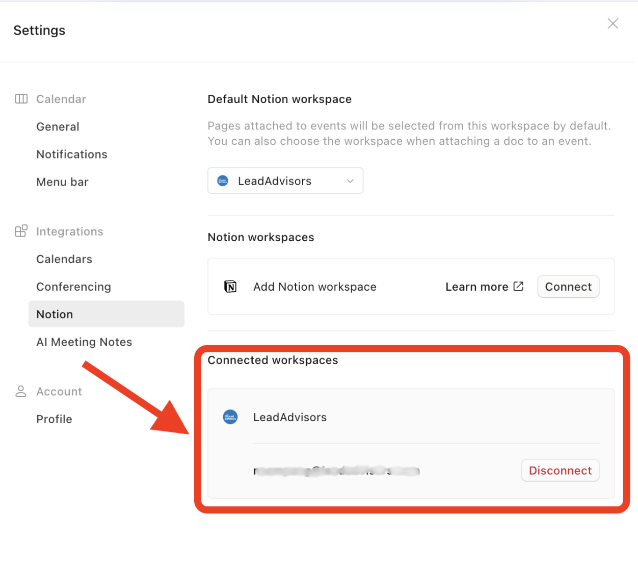 Screenshot of Notion Calendar settings showing the connected LeadAdvisors workspace under the Notion integration tab.