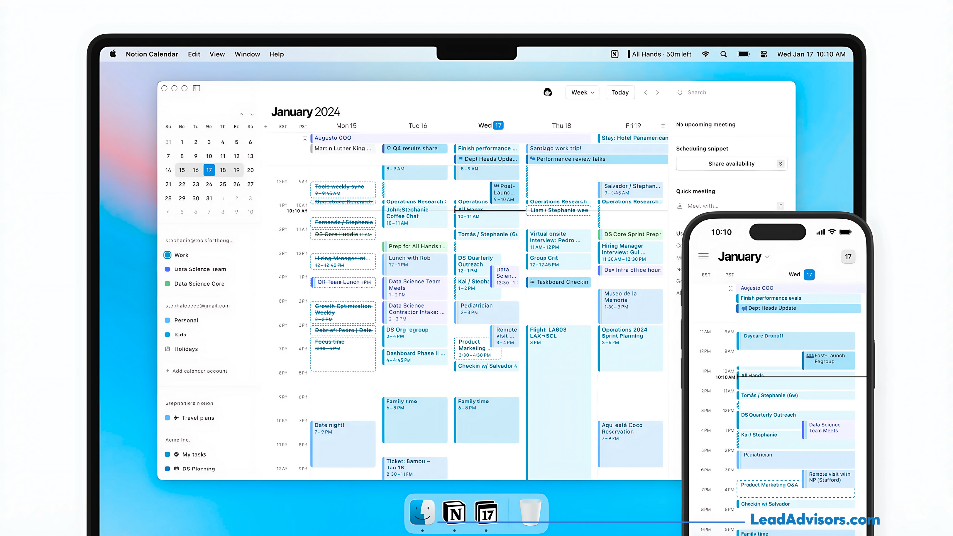 Display of the Notion Calendar interface on both a MacBook and iPhone, showing synced weekly views and real-time scheduling features.