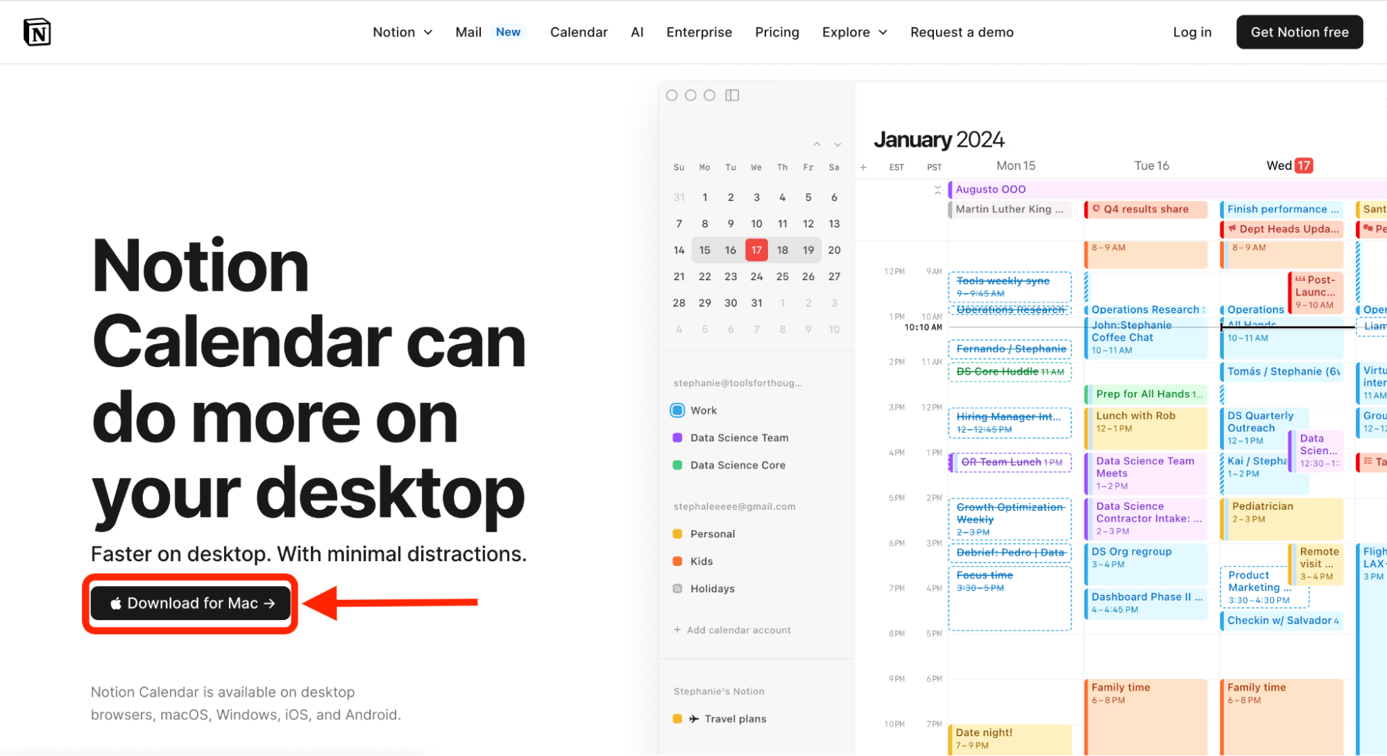 Screenshot of the Notion Calendar desktop page highlighting the "Download for Mac" button with a colorful calendar view for January 2024.