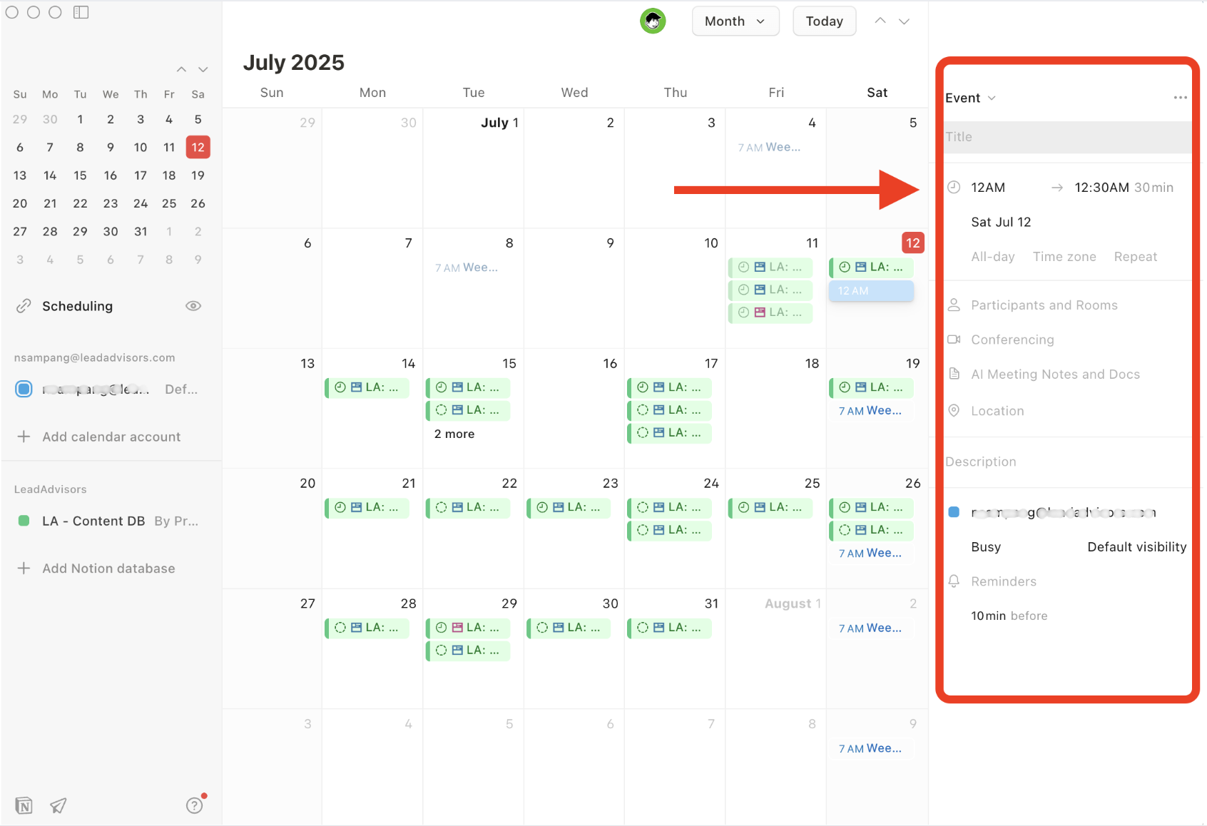 creenshot of Notion Calendar showing a recurring weekly sync event for the LeadAdvisors campaign, including Google Meet integration and participant list.