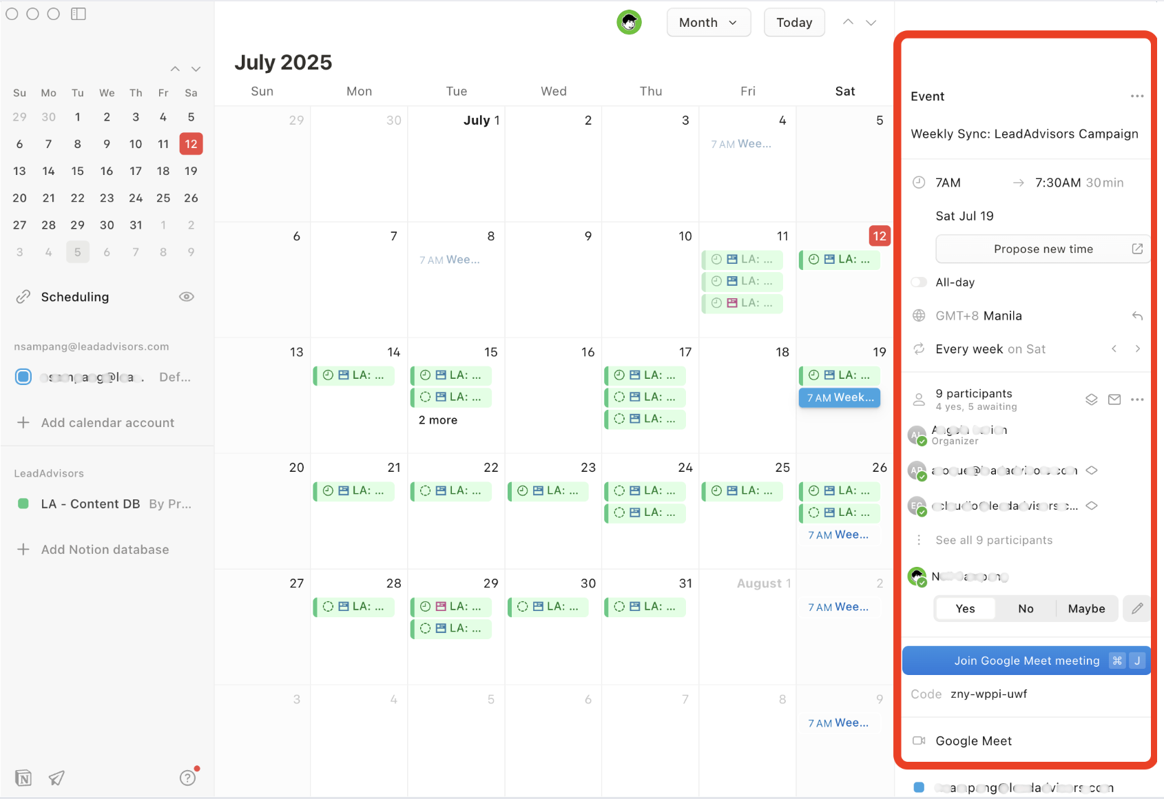creenshot of Notion Calendar showing a recurring weekly sync event for the LeadAdvisors campaign, including Google Meet integration and participant list.