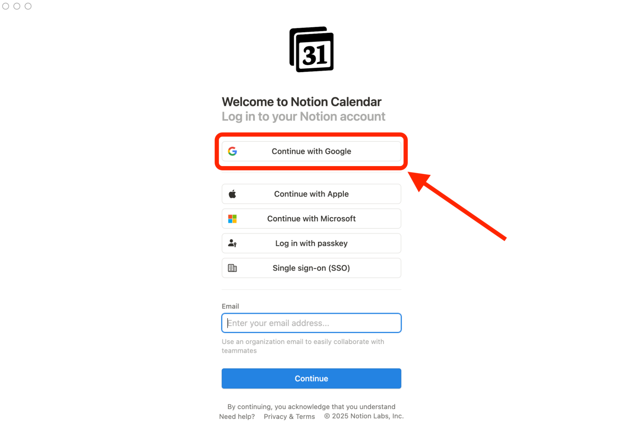 Screenshot of the Notion Calendar login page highlighting the “Continue with Google” button among other sign-in options.