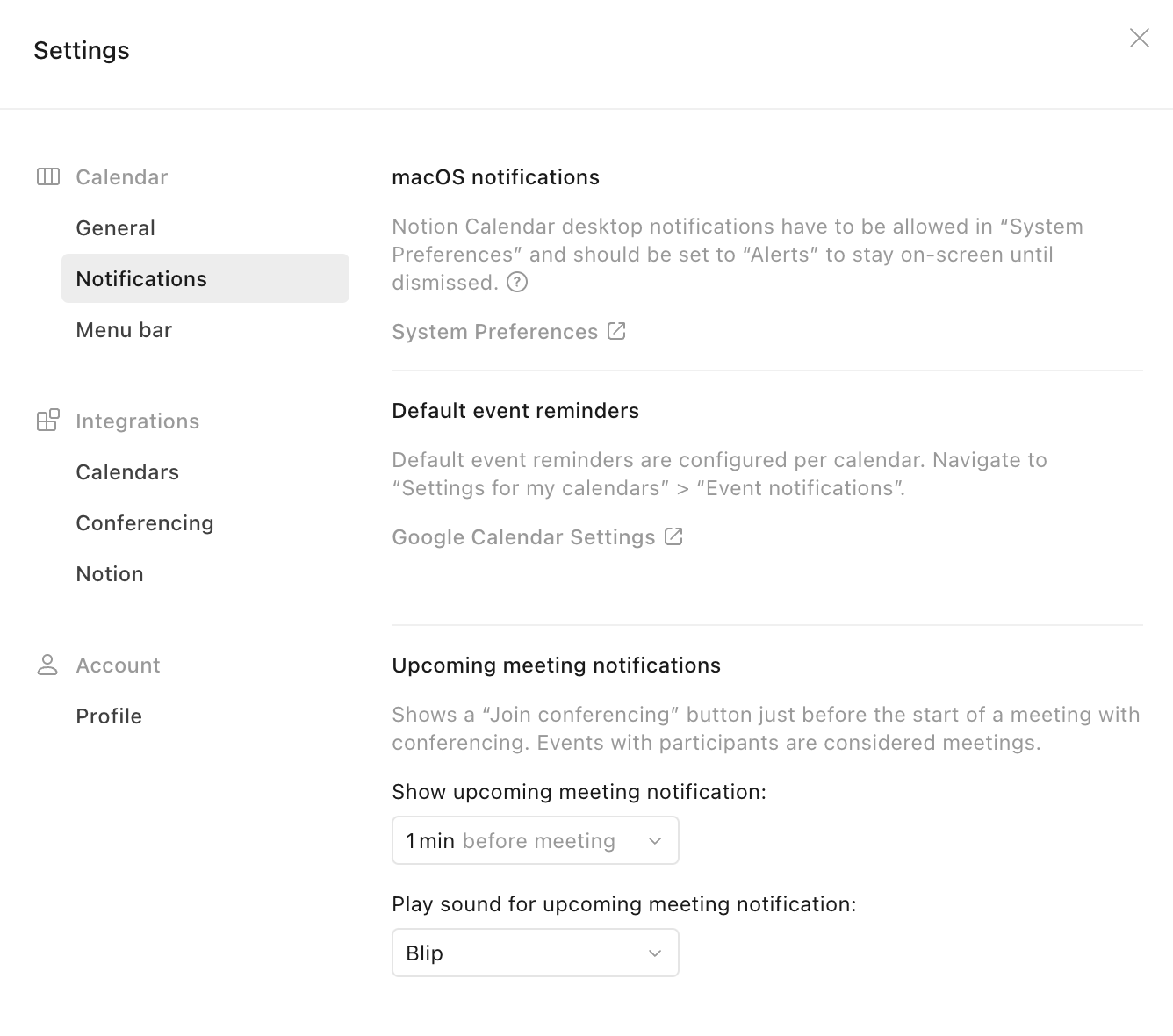 Screenshot of Notion Calendar’s notification settings panel, including options for macOS alerts, default event reminders, and upcoming meeting notifications.