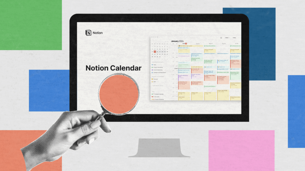 Stylized image showing a computer screen with the Notion Calendar interface and a magnifying glass emphasizing the detailed calendar layout.