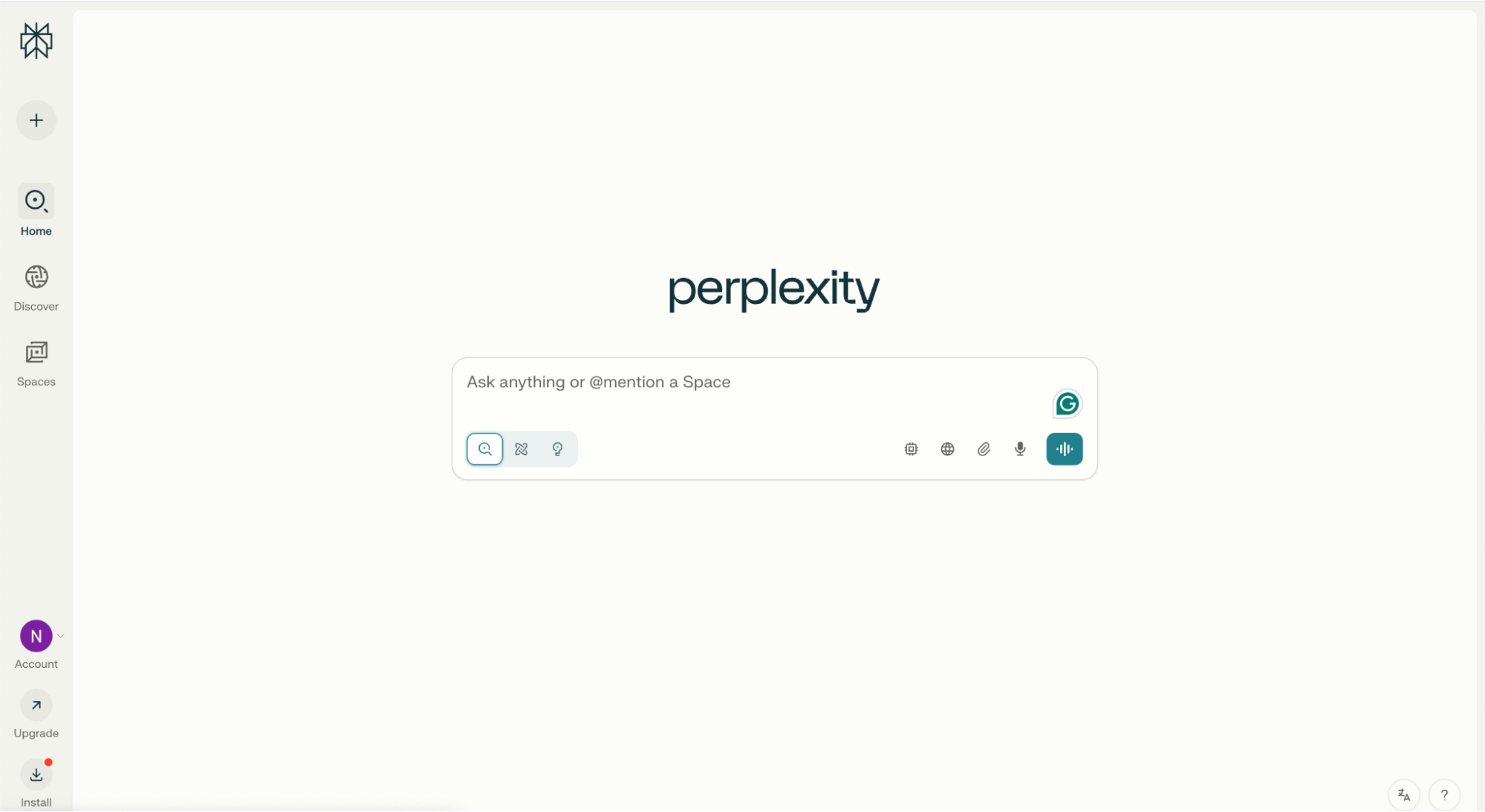 Screenshot of the Perplexity AI chat homepage with a minimal interface inviting users to “Ask anything or @mention a Space.” The left sidebar includes navigation options like Home, Discover, Spaces, Account, Upgrade, and Install, with a central input bar featuring search, voice, and formatting tools.