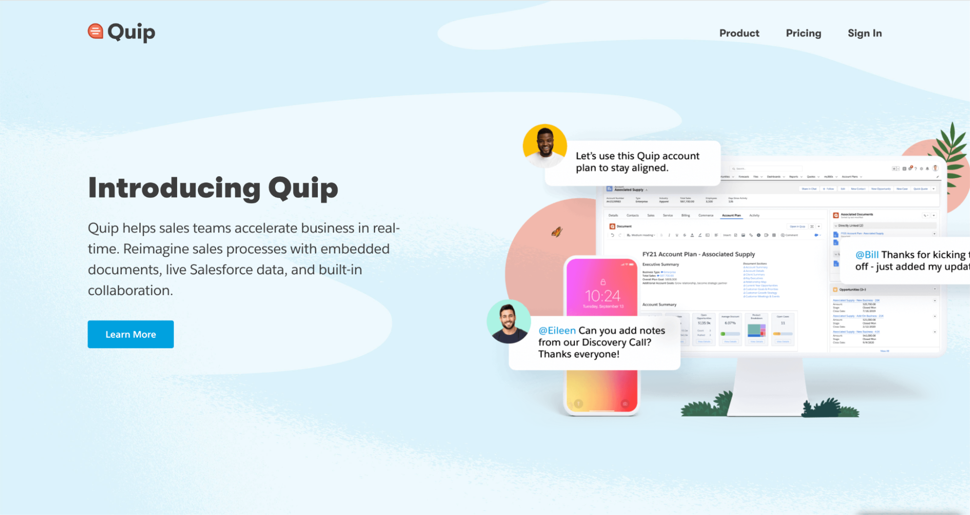 Quip landing page introducing its collaboration platform designed to streamline sales processes through real-time communication, embedded documents, and live Salesforce data. The screen features comments from teammates and document previews, emphasizing teamwork and workflow alignment.