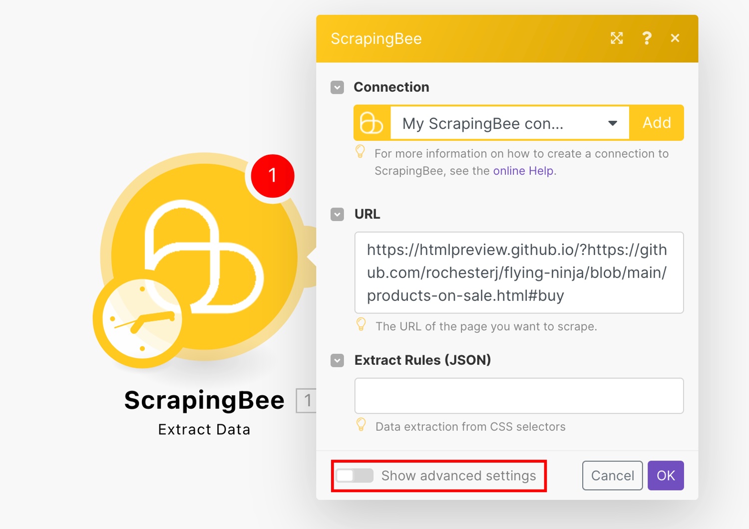 ScrapingBee interface showing JSON extraction rules with CSS selector