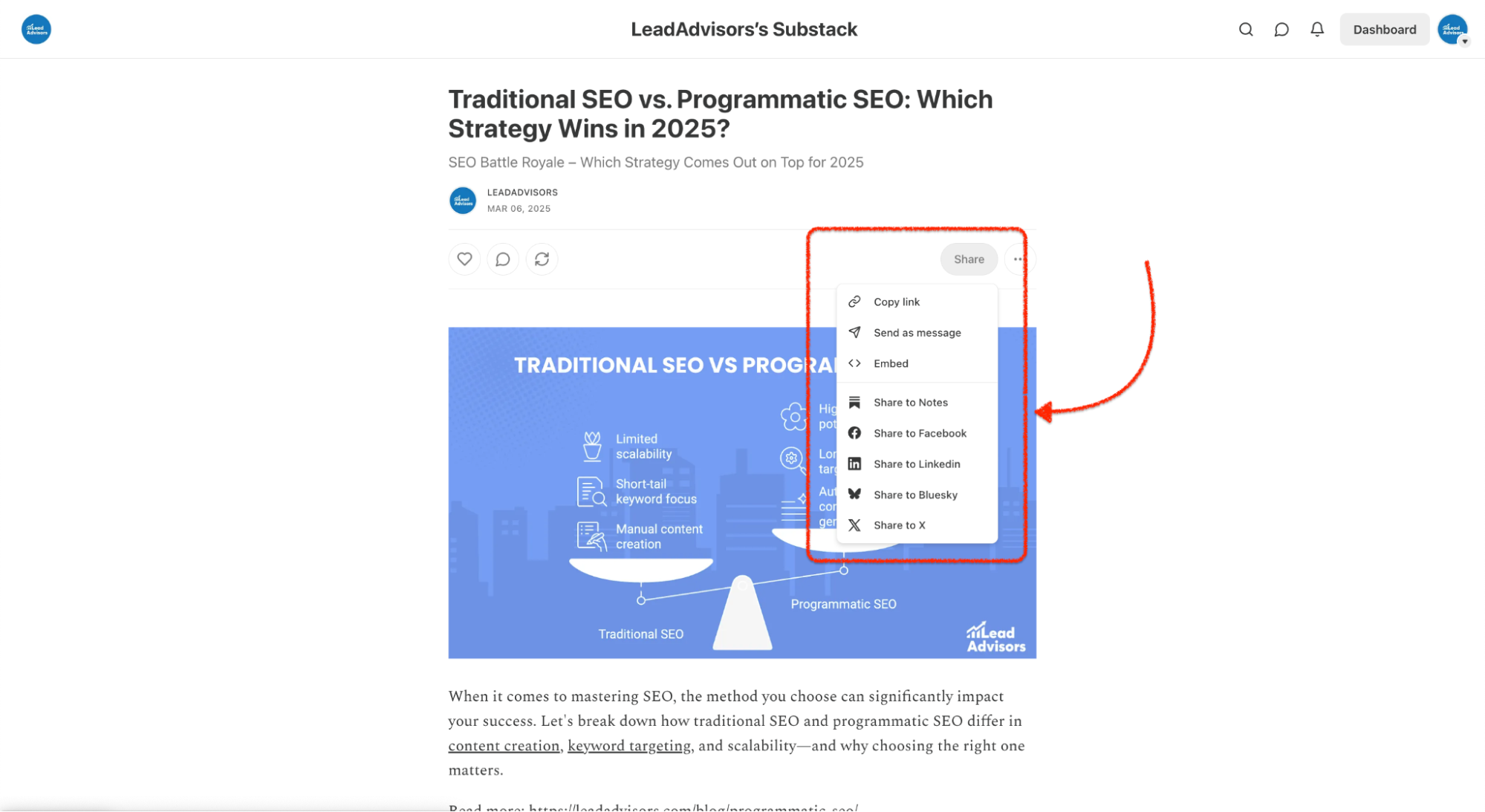 Screenshot of a Substack article titled “Traditional SEO vs. Programmatic SEO: Which Strategy Wins in 2025?” with the sharing options menu expanded. A red arrow points to options like copy link, send as message, embed, and shares to Notes, Facebook, LinkedIn, Bluesky, and X.