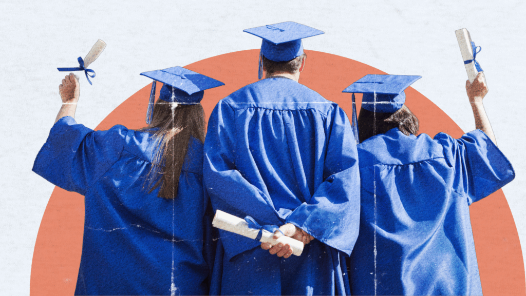 Visual metaphor for SEO success in higher education, featuring graduates in blue gowns holding diplomas—symbolizing increased enrollment and visibility through effective digital strategies.