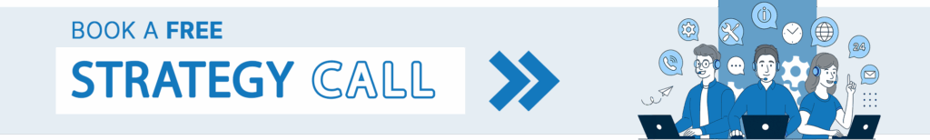 Banner with text Book a Free Strategy Call and an illustration of four people working on laptops, surrounded by icons representing communication, planning, and productivity. Two blue arrows point to the right.