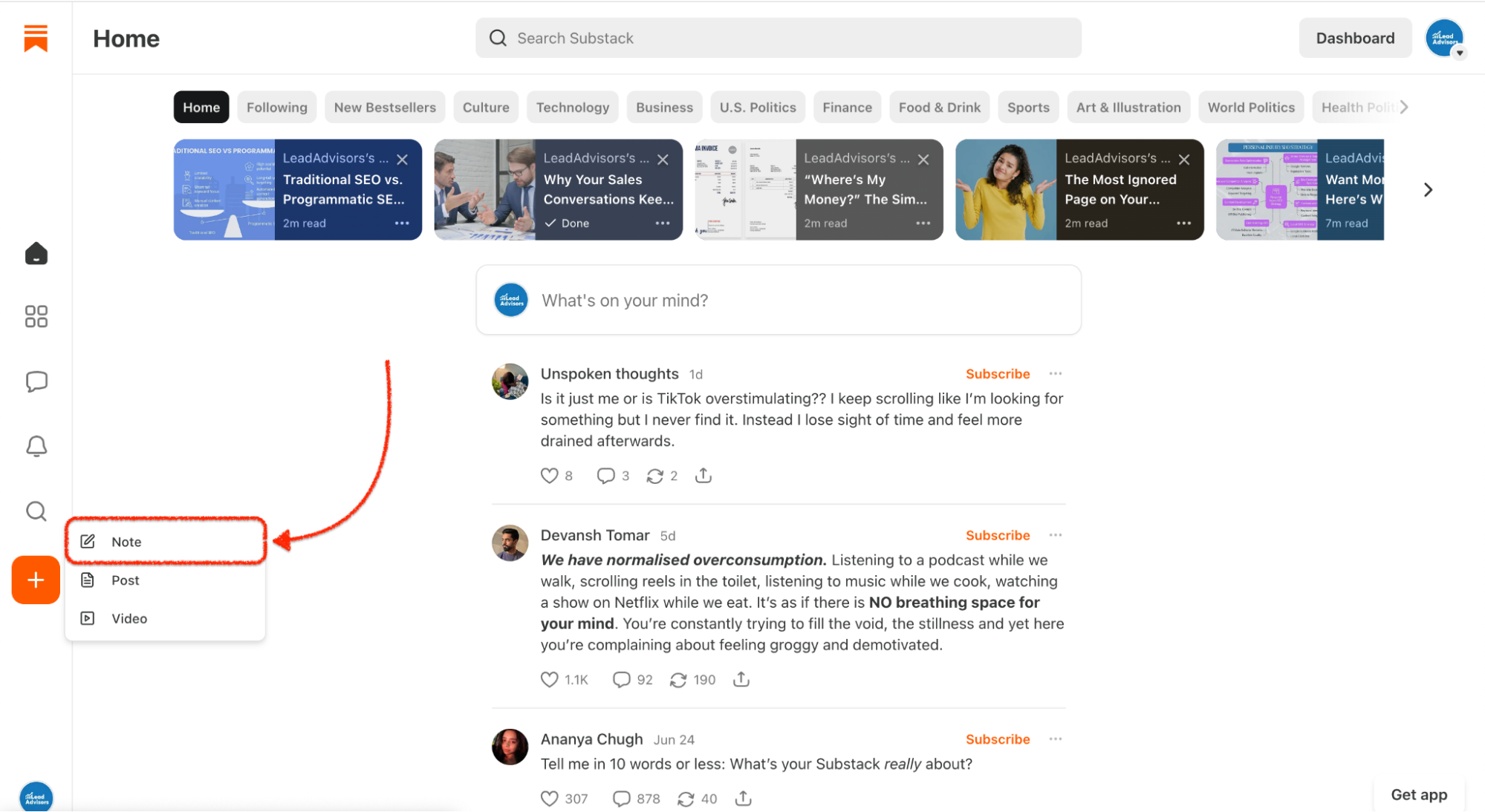 Screenshot of the Substack Home feed showing trending Notes and a highlighted dropdown from the orange plus button for creating new content. The menu offers options to create a Note, Post, or Video, with “Note” emphasized by a red arrow and box.