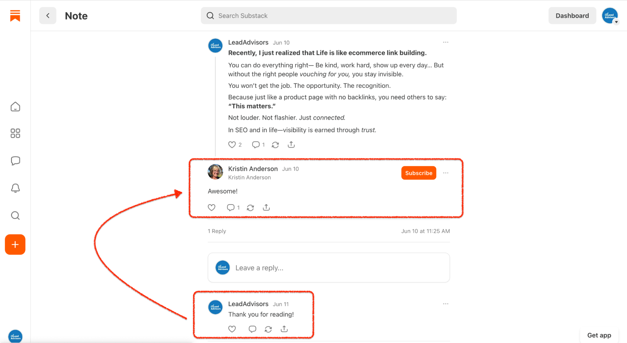 Screenshot of a Substack Note thread where LeadAdvisors posts about SEO and visibility, followed by a positive comment from user Kristin Anderson saying “Awesome!” and a reply from LeadAdvisors saying “Thank you for reading!” Red arrows highlight the conversation and engagement interface.