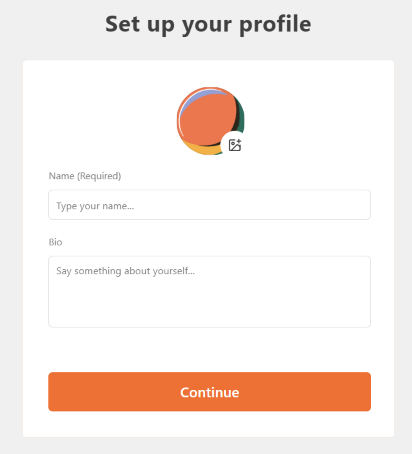 Screenshot of the Substack profile setup interface prompting the user to enter a name and bio. A colorful placeholder avatar appears at the top with a pencil icon for editing, followed by text fields and a prominent orange “Continue” button.