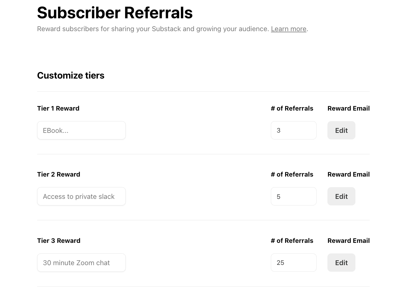 Screenshot of the Subscriber Referrals setup screen on Substack showing three reward tiers: an EBook for 3 referrals, private Slack access for 5 referrals, and a 30-minute Zoom chat for 25 referrals. Each tier includes editable fields for reward type, referral count, and a reward email button.