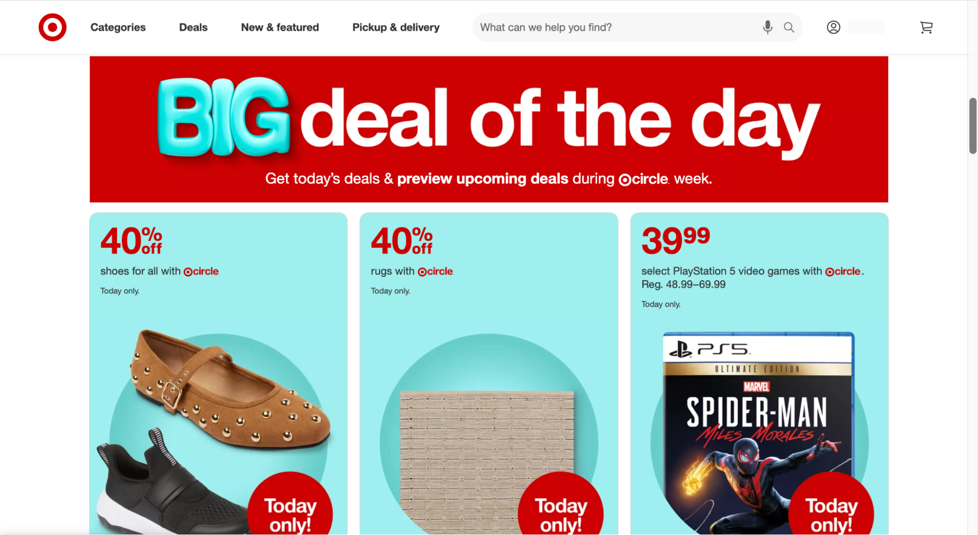 Target’s “BIG deal of the day” banner highlights Circle Week offers including 40% off shoes and rugs, and $39.99 select PS5 games like Spider-Man: Miles Morales. The layout features bright red and blue backgrounds with “Today only!” tags for urgency.