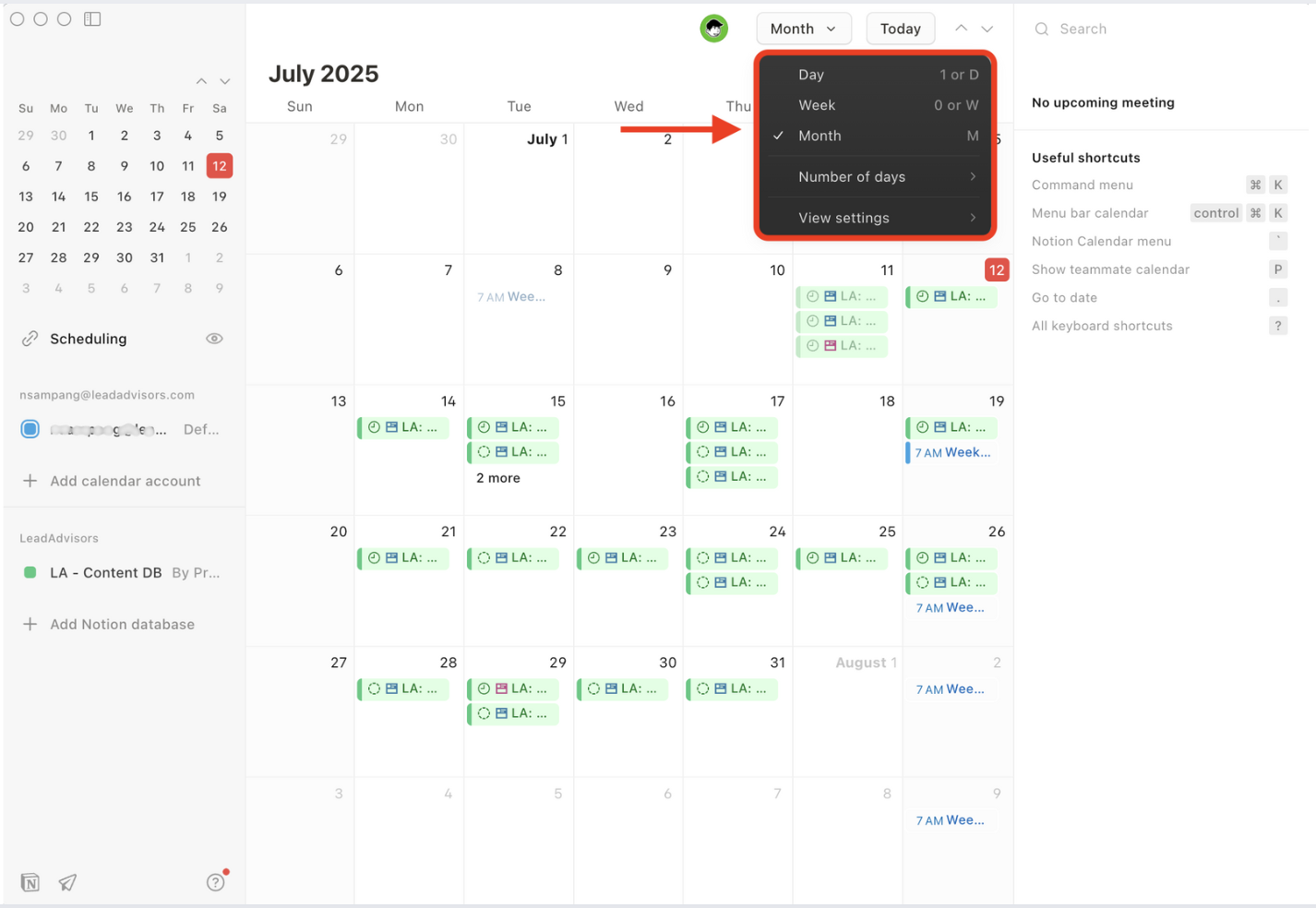 Screenshot of the Notion Calendar interface showing the dropdown menu to switch between day, week, and month views for July 2025.