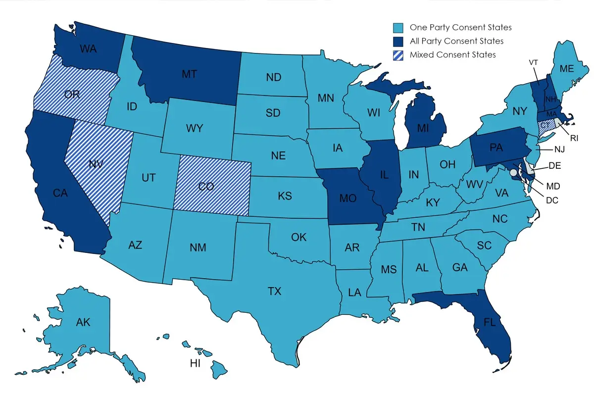 Map of the United States color-coded to show call recording laws by state: one-party consent states in light blue, all-party consent states in dark blue, and mixed consent states with diagonal stripes. States like California, Florida, and Illinois require all-party consent, while Colorado, Oregon, and Massachusetts fall under mixed consent.