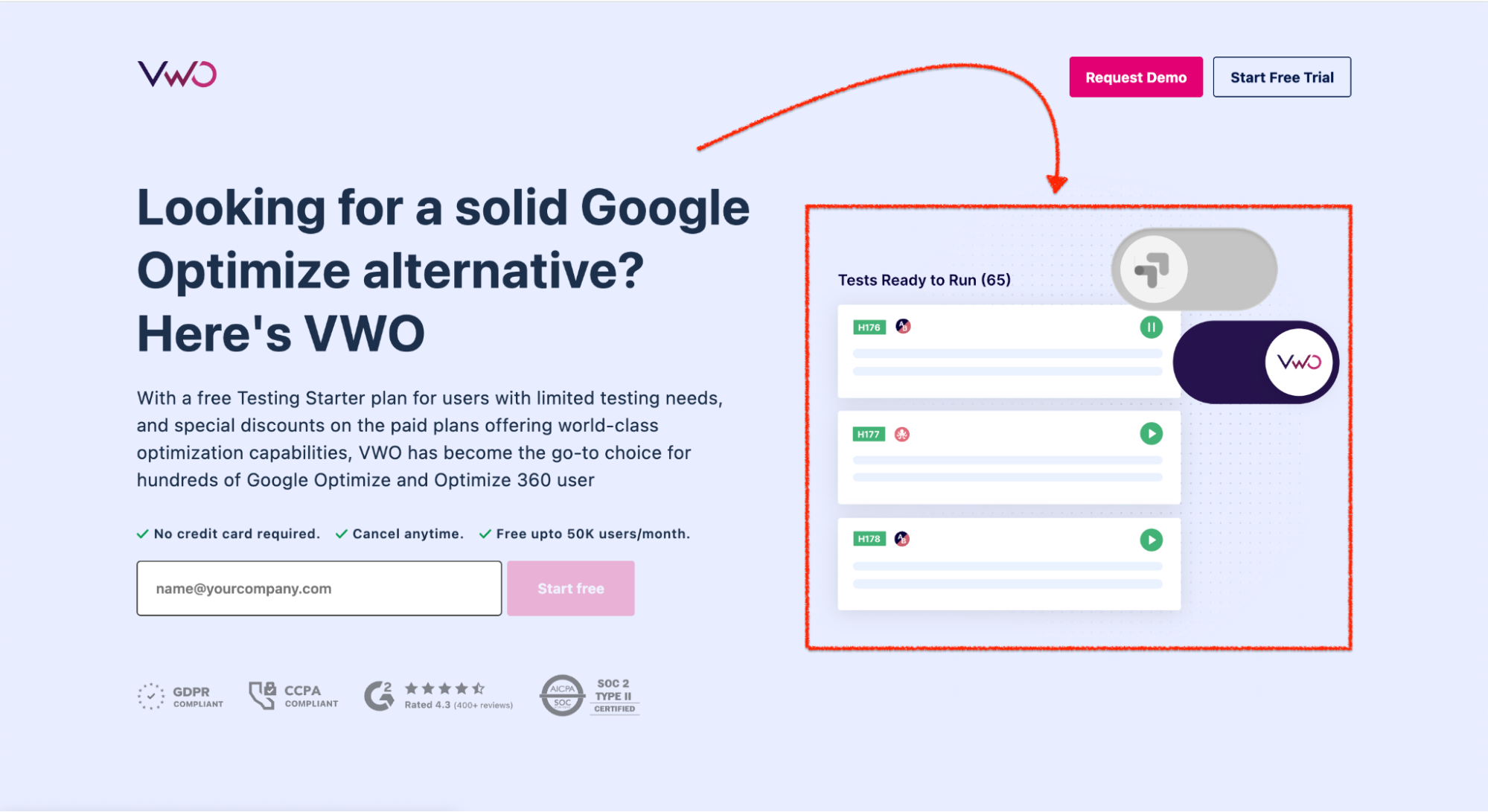 VWO landing page positioning itself as a Google Optimize alternative, highlighting a free Testing Starter plan, no credit card requirement, and support for up to 50K users per month. Includes a visual comparison with Google Optimize and CTA buttons for requesting a demo or starting a free trial.
