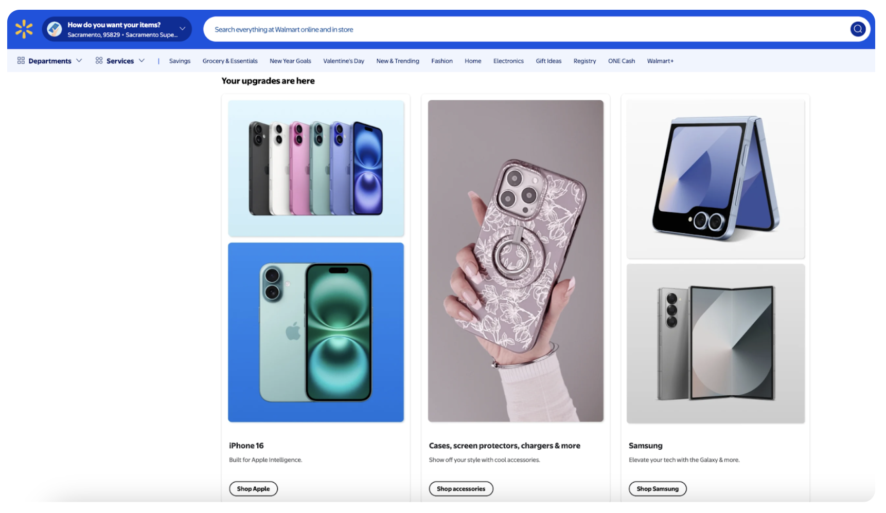 Walmart homepage display showcasing tech upgrades, including the iPhone 16 in multiple colors, a floral iPhone case, and foldable Samsung Galaxy models. The layout promotes smartphones and accessories with quick-access links to shop Apple and Samsung products.
