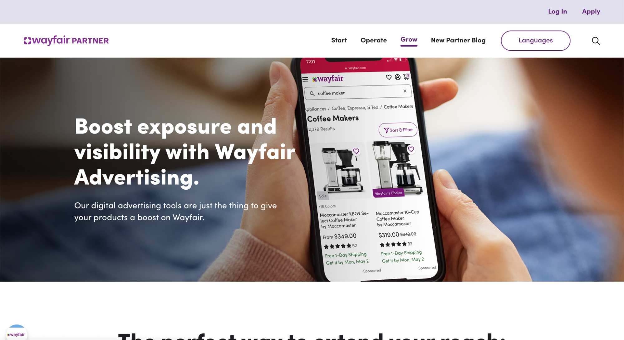 A person browsing Wayfair’s mobile site views coffee maker listings with sponsored tags and advertising features highlighted. The image promotes Wayfair Partner's digital advertising tools with a headline encouraging sellers to boost product visibility.
