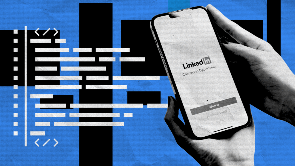 A hand holds a smartphone displaying the LinkedIn login screen. The background features abstract black bars, code snippets, and a blue textured pattern, evoking themes of networking and digital insights like those found in a LinkedIn newsletter.
