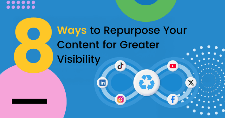 Graphic with text '8 Ways to Repurpose Your Content for Greater Visibility' featuring social media icons like TikTok, LinkedIn, Instagram, YouTube, X, and Facebook around a recycle symbol.