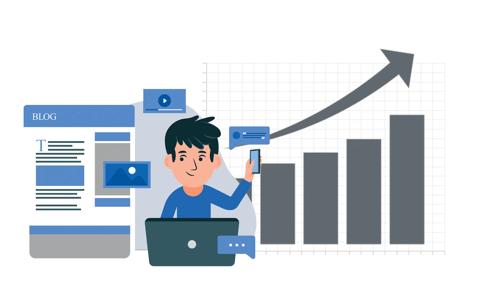 Illustration of a person using a laptop and smartphone with a blog interface in the background and a rising bar graph, symbolizing SEO growth and online engagement.