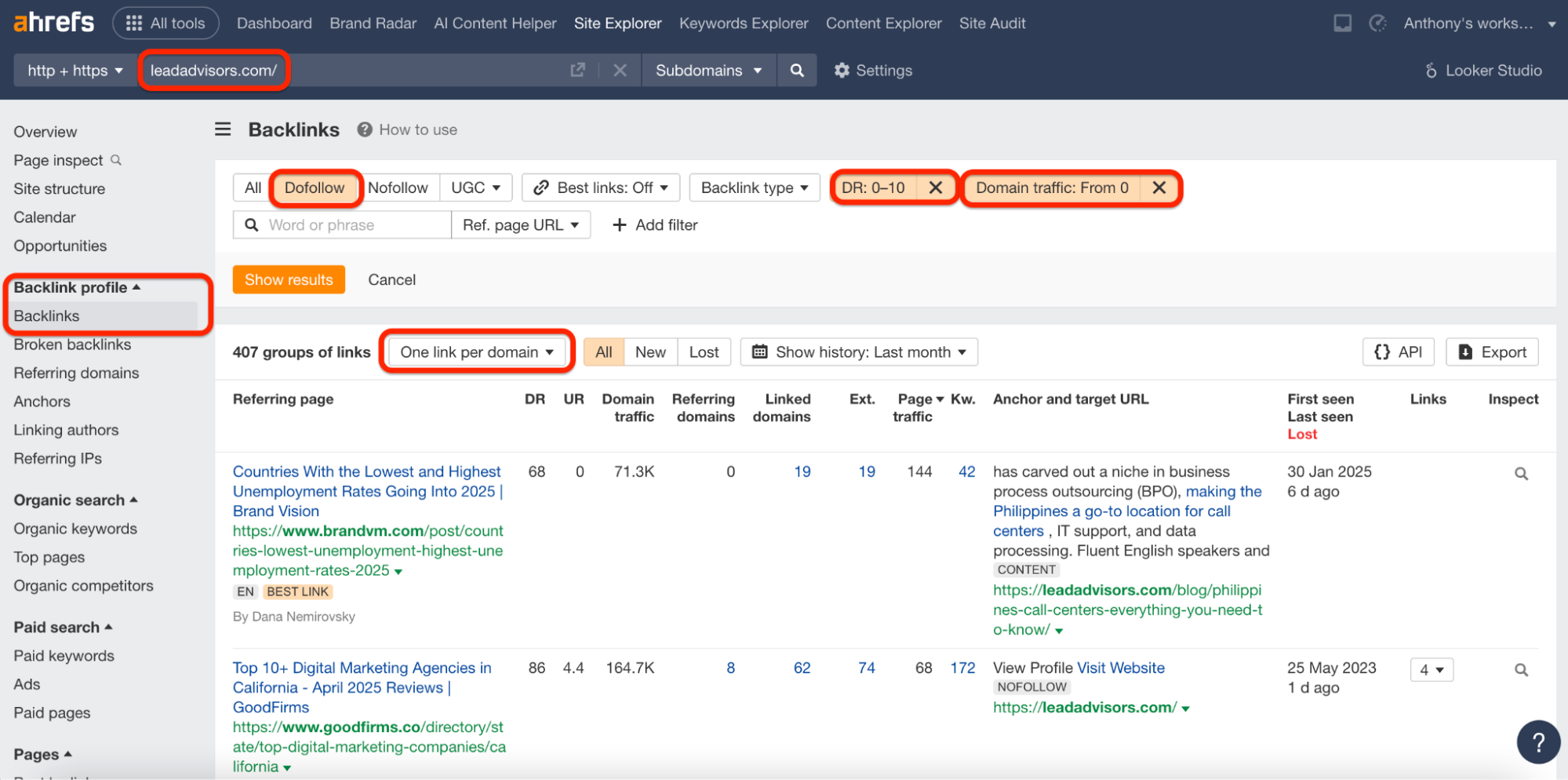 This Ahrefs report for leadadvisors.com filters backlinks by dofollow status, domain rating (DR 0–10), and domain traffic, showing one link per domain with details like referring page, anchor text, and lost link dates for backlink analysis.