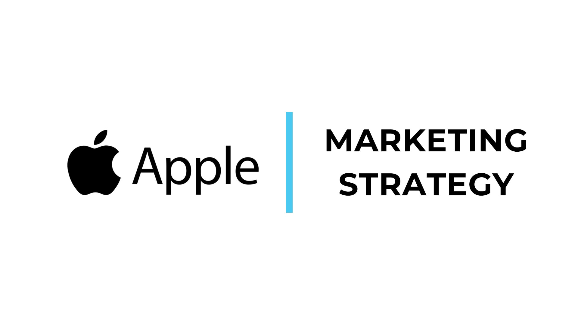 The Apple logo appears next to the word "Apple" on the left, separated by a vertical blue line from the bold text "MARKETING STRATEGY" on the right, all set against a white background.