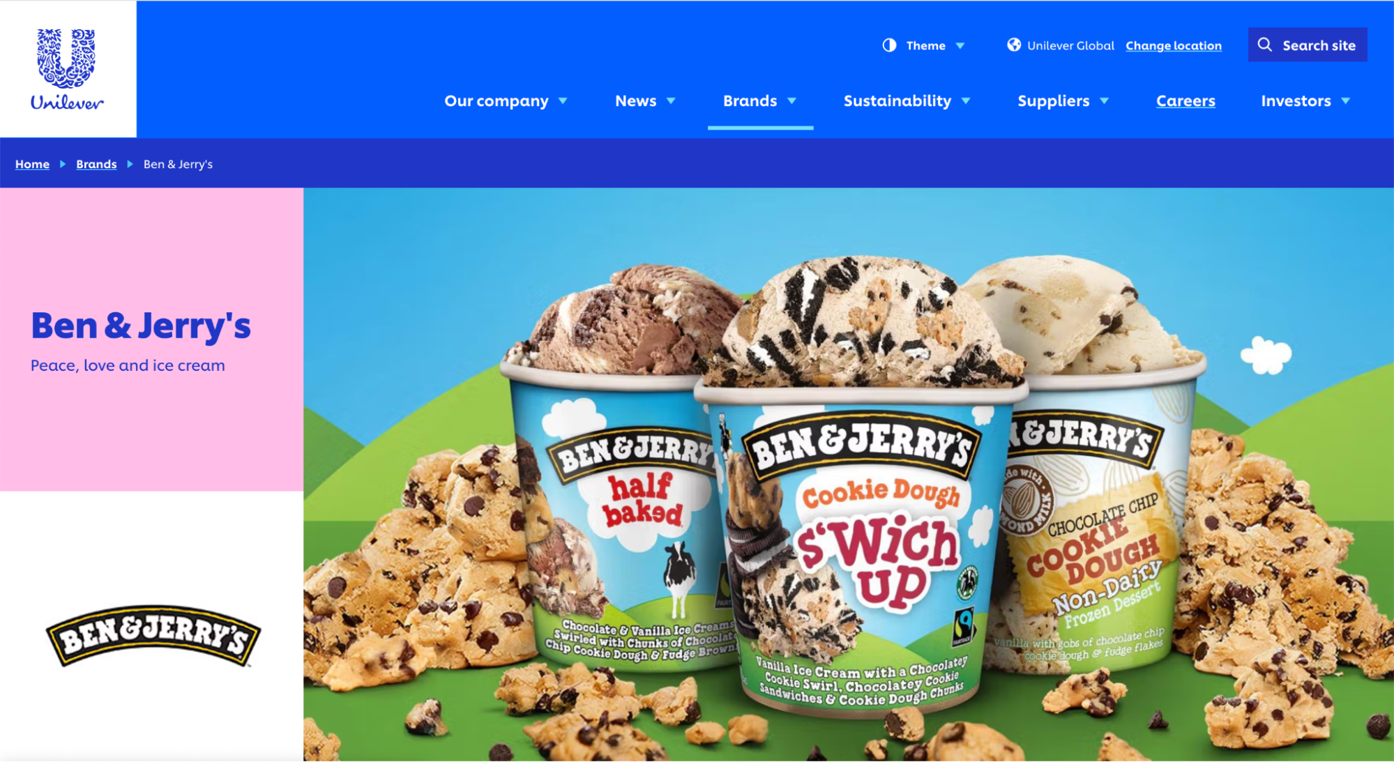 Three Ben & Jerry’s ice cream tubs – Half Baked, Cookie Dough S’Wich Up, and Non-Dairy Chocolate Chip Cookie Dough – displayed with scattered cookies. The image highlights Unilever’s Ben & Jerry’s brand page with the tagline “Peace, love and ice cream.”